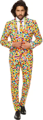 A man wearing a colorful confetti-patterned suit.