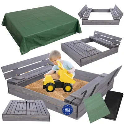 Produktbild von MODO24 Sandkasten Holz, Deckel, Sitzbänke, Schutzplane, Holzsandkasten, Kinder, Garten, 120x117 cm, Grau Imprägniert, PIA