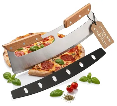 Produktbild von Pizzaschneider Wiegemesser Edelstahl 31 cm extra scharf mit Holzgriffen Klingenschutz Pizza Cutter für Pizza Flammkuchen Teig Kräuter
