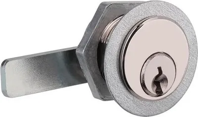 A close-up studio shot of a silver lock with a keyhole and a metal lever.