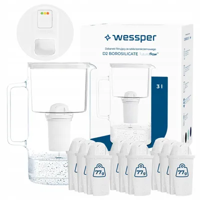Zdjęcie produktu dla Dzbanek filtrujący do wody Wessper D2 BOROSILICATE futureflow™ 3 l, biały – z 10 wkładami filtrującymi AquaClassic