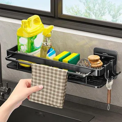 Produktbild von Metallischer Badezimmerorganizer mit Haken - Badezimmerhaken mit Sponshalter und Badetuchhalter