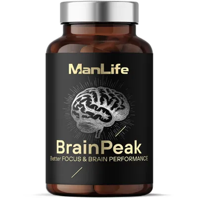 Produktbild von Maximale Gehirnleistung – Gedächtnis, Konzentration und Fokus | ManLife BrainPeak 60 vegane Kapseln | Glasflasche mit Metallverschluss
