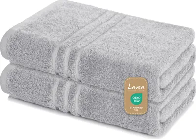 Produktbild von Lavea® 2er Set Saunatuch 80x200 cm, XXL Badetuch, 100% Baumwolle Frottier, saugstark, pflegeleicht 60°C, Elena, Silber