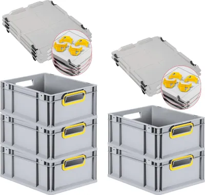 Produktbild von SparSet 5x Eurobox NextGen Color mit Auflagedeckel und Schiebeschnappverschlüsse | HxBxT 17x30x40cm | 16 Liter | Grau | Griffe gelb offen | Glatter Boden | Eurobehälter, Transportbox, Transportbehälter, Stapelbehälter