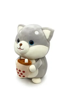 Produktbild von Plüschtier Hund 30 cm grau mit Bubble Tea – Weiches Kuscheltier, Stofftier