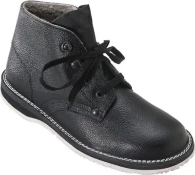 A black leather boot on a white background.