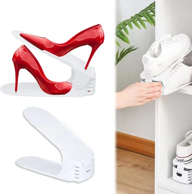 Produktbild von 40 Stück verstellbare Schuhorganizer aus rutschfestem PP-Material, Schuhstapler mit 3-facher Höhenverstellung, zweischichtig und platzsparend in Weiß