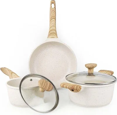 Produktbild von Kochset 5-teilig - 16 cm-15 l Stahlkochtopf - 20 cm-25 l Kochtopf - 24 cm Bratpfannen - antihaftbeschichtet - Kochutensil - für alle Heizquellen - PFAS frei Kochset