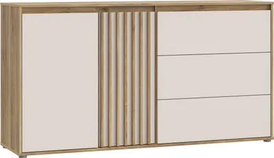 Immagine prodotto di Credenza - ELISTON - Bianco opaco / Rovere - 2 ante - 3 cassetti - 159,6 x 41,5 x 81,7 cm