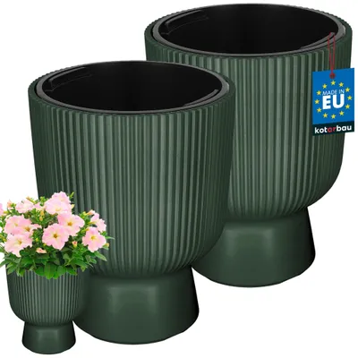 Zdjęcie produktu dla KOTARBAU® 2 szt. Doniczka Kielich z Wkładem Ø 23 cm Donica Ryflowana Doniczka na Nóżce Wysoka W: 30 cm Zielona Plastikowa
