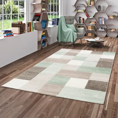 Produktbild von Designer Teppich Maui Pastell Grün Beige Karo, Größe:140x200 cm