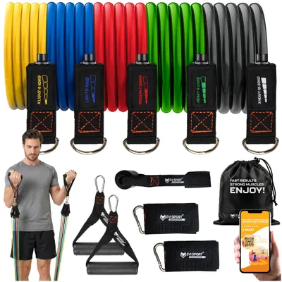 Produktbild von Widerstandsbänder 5er Set Fitnessbänder Expander 100 kg Latexbänder Gymnastikbänder für Krafttraining Sport Workout Home Gym inkl. + E-Book