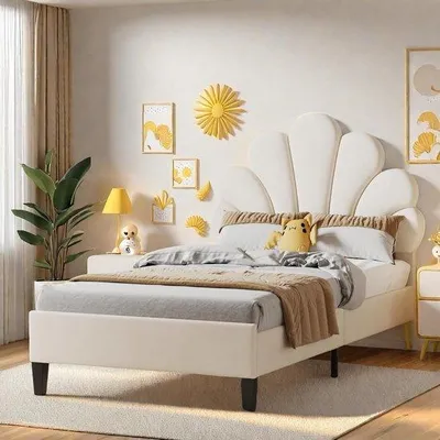 Zdjęcie produktu dla Łóżko dla nastolatków i dzieci, 90x200 cm, z ozdobnym zagłówkiem w kształcie kwiatów lub muszli - beżowy aksamit