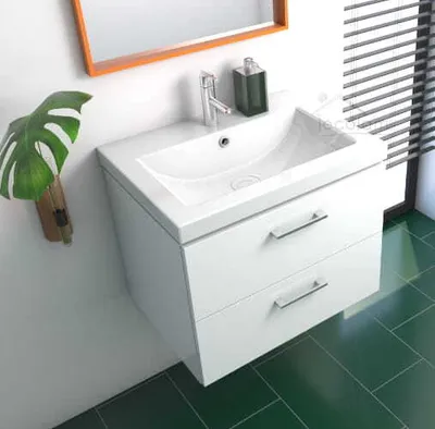 Produktbild von ECOLAM Badmöbel Waschtisch Waschbecken Como 60 cm + Schrank Lara Waschbecken mit Unterschrank 2 Schubladen weiß glänzend
