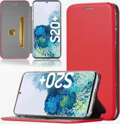 A collage of images showing a red flip case for a Samsung Galaxy S20 Plus phone, with the phone inside and open, displaying its screen and a card slot.