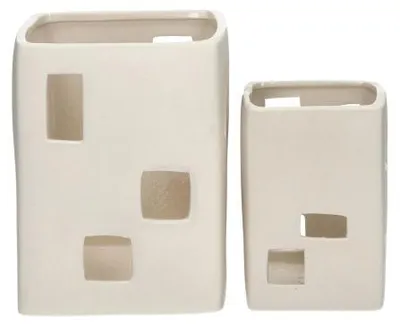 Productafbeelding van Pomax Wayang set van 2 windlichten, porselein, crèmekleurig, afmetingen: L 8,5/12,5 x B 8,5/12,5 x H 12/16,5 cm