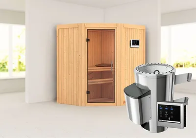 Produktbild von Karibu Sauna Innensauna Tonja Eckeinstieg Ofen 3,6 kW externe Strg.easy 170x151x198 cm ohne Dachkranz mit Klarglastür