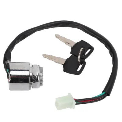 A motorcycle ignition switch with two keys and a wiring harness with a connector, isolated on a white background.