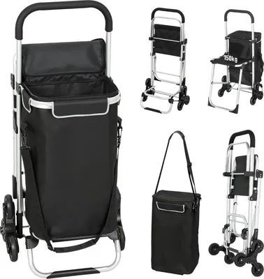 Produktbild von Moonbite Einkaufstrolley mit klappbarem Sitz und Treppenrädern, 40 L wasserdichte Oxford-Tasche mit Thermofach, verstellbarer Griff, Aluminium, Schwarz