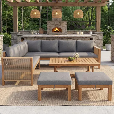 Image de Ensemble de mobilier de jardin Flieks, 6 pièces, canapé de jardin avec pouf et table, ensemble de salon de jardin, ensemble de mobilier de balcon pour 8 personnes en acacia, ensemble de mobilier de terrasse avec coussins, gris