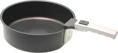 A close-up studio shot of a black pot with a detachable handle.