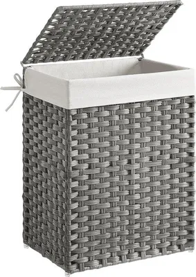 Productafbeelding van Famanu wasmand 90 liter - Handgeweven met deksel en handgrepen - Opvouwbare wasmand met uitneembaar waszak - Grijs
