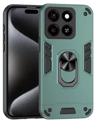 A phone case with a ring holder is shown on a gray background.