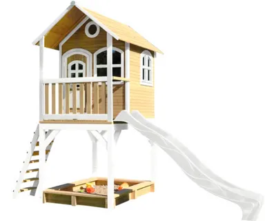 Produktbild von AXI Spielhaus Sarah mit Sandkasten & weißer Rutsche | Stelzenhaus in Braun & Weiß aus Holz für Kinder | Spielturm mit Wellenrutsche für den Garten