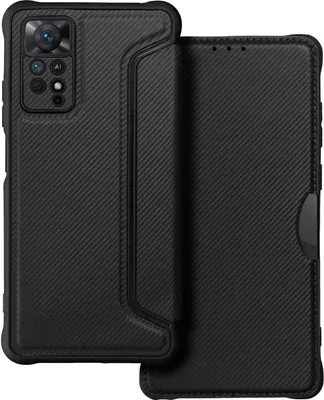 A black carbon fiber textured phone case with a flip cover is shown.