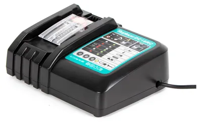 A black and green battery charger with a transparent cover for the battery compartment, set against a white background.