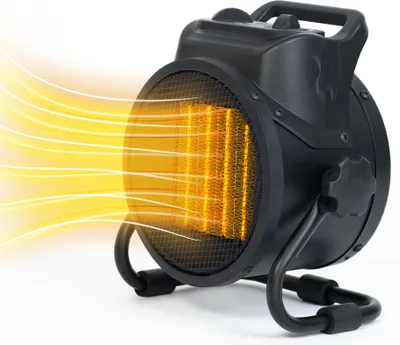A black portable electric heater with glowing orange heating elements and yellow heat waves emanating from the front.