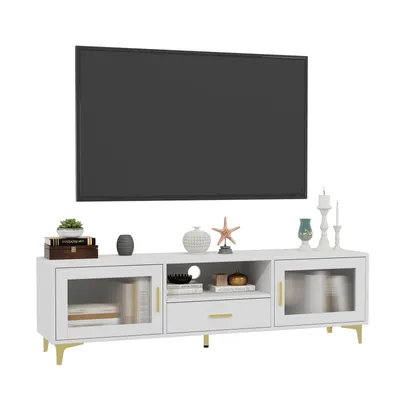 Produktbild von VOWNER TV-Schrank, Lowboard für Fernseher bis 65 Zoll, mit offenem Stauraum, Schubladen, für Wohnzimmer u. Schlafzimmer, 150x35x43cm, Weiß