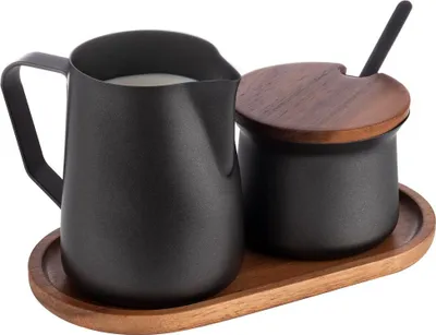 Produktbild von APS 634 Milch- und Zucker-Set MILURO, 5-tlg. Set, Akazienholz, Edelstahl, antihaft beschichtet, schwarz