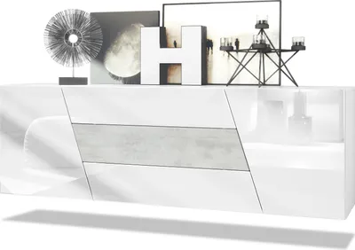 Produktbild von Vladon Sideboard Houston,  Germany, hängende Kommode mit 2 Türen & 3 Schubladen, Korpus Weiß matt, Fronten Weiß Hochglanz, mittlere Schublade Beton Oxid Optik (178 x 57,5 x 38,5 cm)
