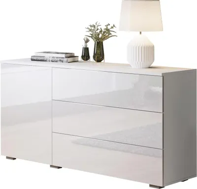 Produktbild von MIRJAN24 Kommode Awit 110 Highboard mit 3 Schubladen und Tür, Stilvoll Sideboard, Wohnzimmer Schrank (Farbe: Weiß / Weiß Hochglanz)