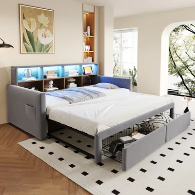 Productafbeelding van Slaapbank 90/180 x 190 cm met uitschuifbed, 2 lades, LED-verlichting, stopcontacten, USB- en Type-C-aansluitingen, hoofdeinde met opbergruimte, fluweel, lichtgrijs