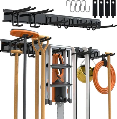Produktbild von Garagenmontage, 120 cm verstellbar 10 Wandhaken Garage und 4 S-Haken für Gartengeräte,Werkzeughalter Wand Gartengerätehalter für Garage Keller Skiausrüstung Besen Stühl Rechen Schaufel Schwarz