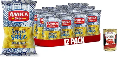 Produktbild von AMICA Chips | Patatine Classiche Sapore di Klassischer Kartoffel Chips -Geschmack von Salz mit 50% weniger Salz, glutenfreier Snacks mit Sonnenblumenöl, 12 x 175 g + Italian Gourmet polpa 400g