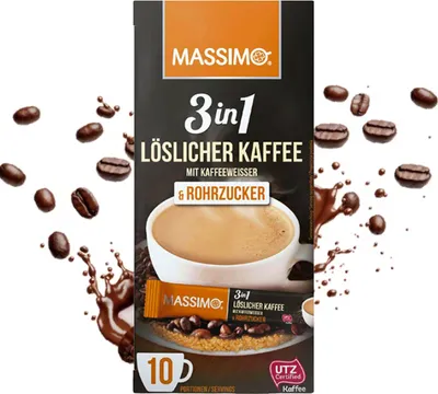 Produktbild von MASSIMO 3in1 Löslicher Kaffee mit Kaffeeweißer & Rohrzucker ( 16 Schachtel á 10 Sticks x  170g Vorratspackung ) Instantkaffee