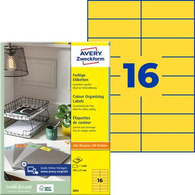 Produktbild von Avery Zweckform 3455, Farbige Etiketten, A4, 105 x 37 mm, 1.600 Etiketten / 100 Bögen, gelb