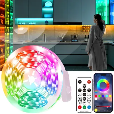 Zdjęcie produktu dla Taśma LED RGB z czujnikiem ruchu, 2M taśma LED z pilotem zdalnego sterowania APP, taśma LED 28 trybów synchronizacji muzyki USB samoprzylepna sypialnia schody korytarz