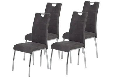 Produktbild von Hela Tische, 4er Set Esszimmerstuhl, Vierfuß-Stuhl Susi - Bezug Vintage Anthrazit -Lehne mit Griff -Rundrohr Metallgestell verchromt -120kg belastbar
