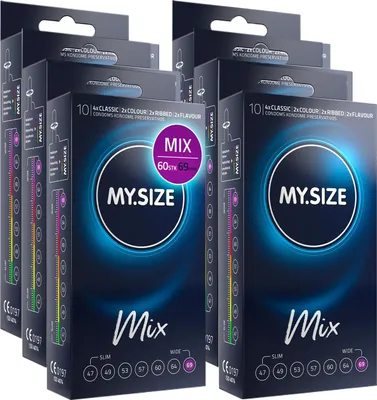 Produktbild von My.Size Mix Kondome Größe 7, 69 mm, Vorteilspackung, | 60 Stück | Condome in 4 aufregenDen Sorten, mit Aroma, Farbe, Genoppt & Classic I