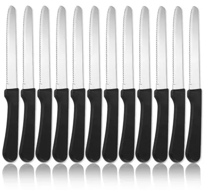 Productafbeelding van Set van 12 steakmessen, roestvrij staal, getand, vaatwasmachinebestendig, zwarte handgreep