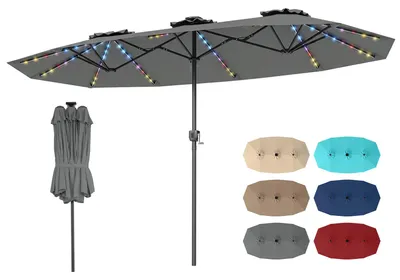 Obrázok produktu pre Dvojitý slnečník COSTWAY 375 x 200 cm, záhradný slnečník so solárnym LED osvetlením, 12 režimov osvetlenia, 2 možnosti nabíjania a kľuka, terasový slnečník, sivý