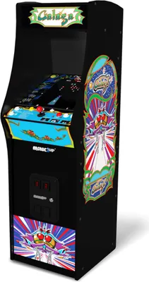 A black arcade cabinet with colorful graphics and a screen displaying a video game.