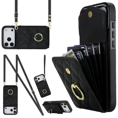 Obrázok produktu pre Crossbody puzdro z umelej kože pre Apple iPhone 17 Pro s kosoštvorcovým vzorom a slotom na kartu RFID čierne
