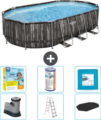 Obrázek produktu pro Oválný bazén Bestway Power Steel - 610 x 366 x 122 - šedý - včetně čerpadla, žebříku, krytu, balíčku pro údržbu, filtrace a dlažby