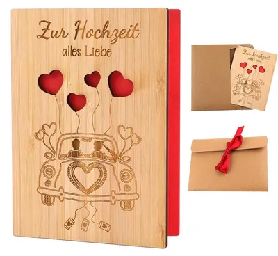 Productafbeelding van Houten trouwkaart met envelop, 15x11 cm, voor bruidspaar